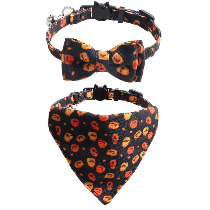 Halloween Pumpkin Print Triangle Towel Saliva Bib Bow Pet Collar