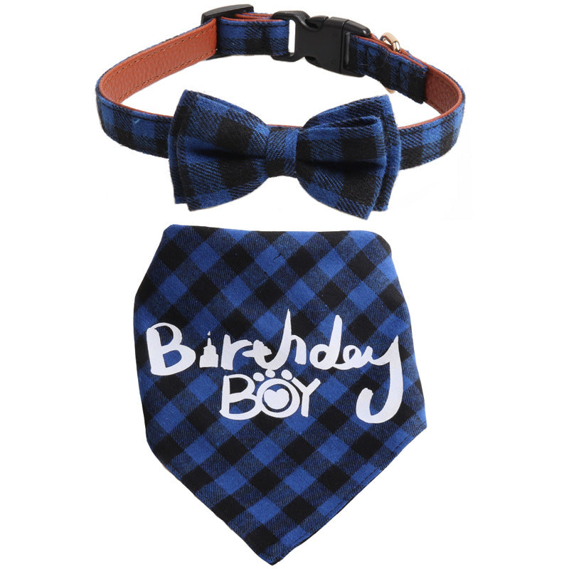Plaid Pattern Birthday Triangle Towel Saliva Bib Bow Pet Collar