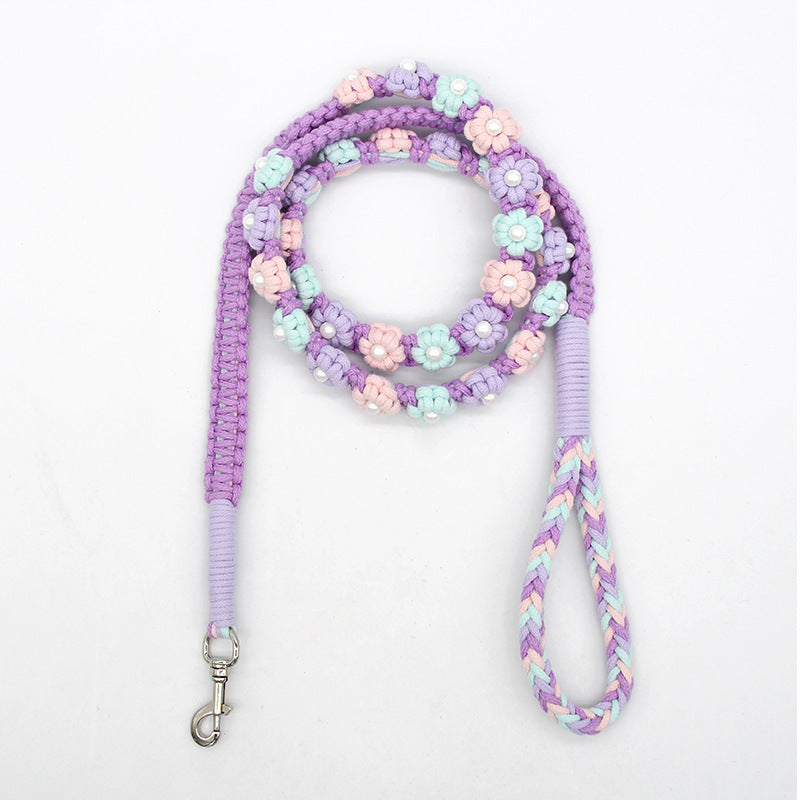 Hand Woven Flower Rope Dog Leash P-Type Metal Chain Collar Set