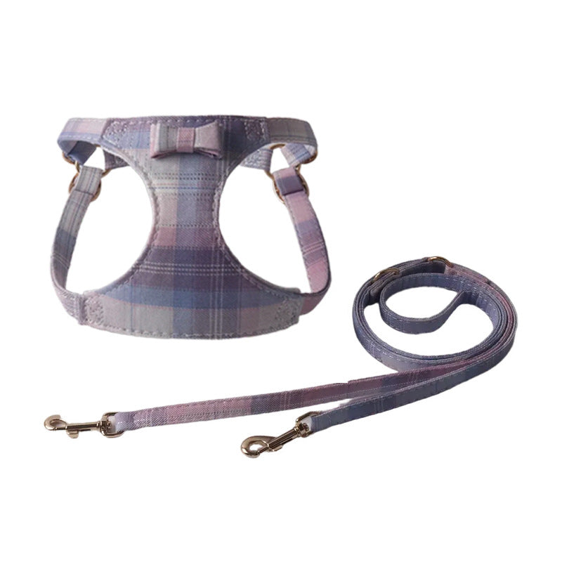 Breathable Mesh Plaid Fabric Pet Dog No Choking Harness Leash Set