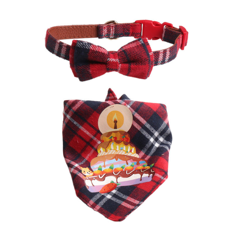 Plaid Pattern Birthday Triangle Towel Saliva Bib Bow Pet Collar