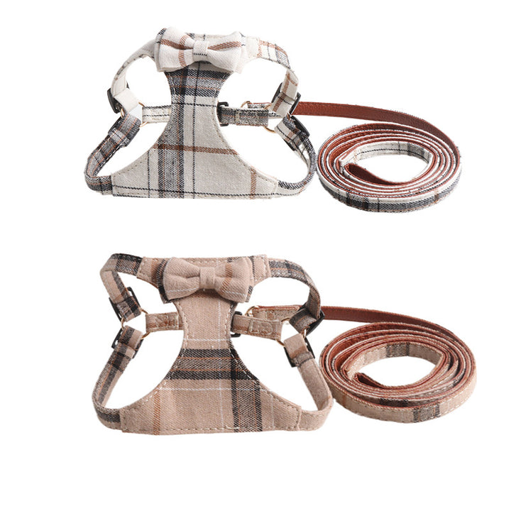 Classic Plaid Bow Suede Nap Pet Dog No Choking Harness Leash Set