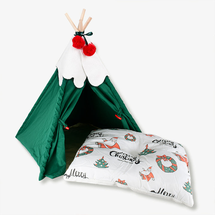 Christmas Warm Comfortable Cat Bed Detachable Pet Mattress Tent
