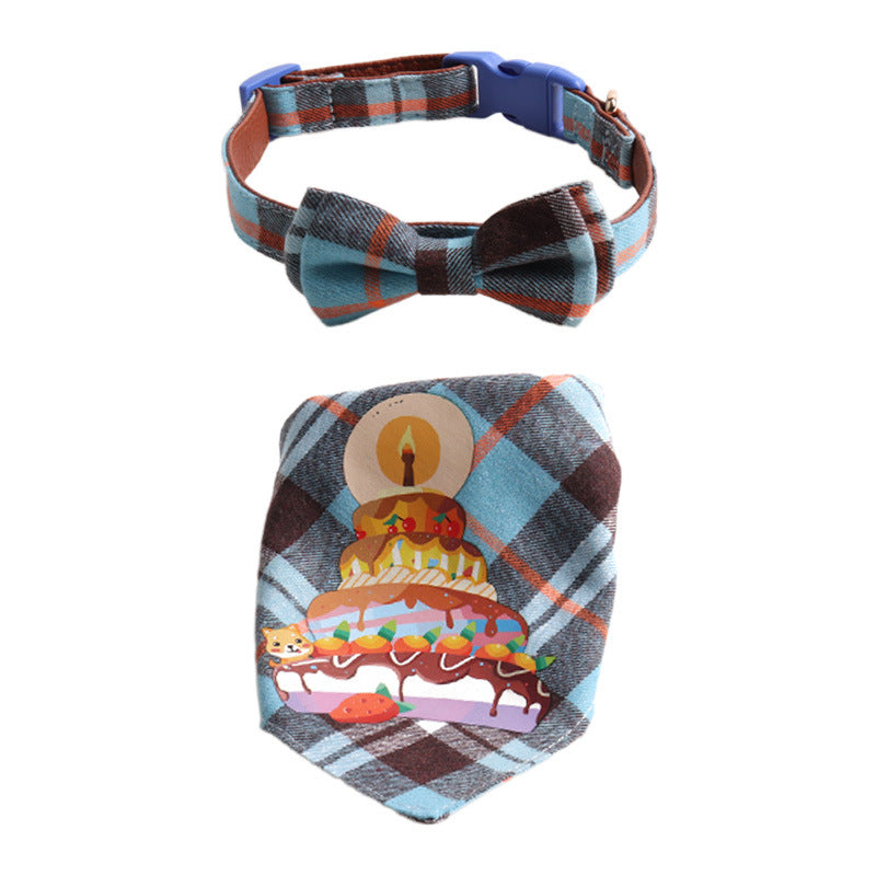 Plaid Pattern Birthday Triangle Towel Saliva Bib Bow Pet Collar