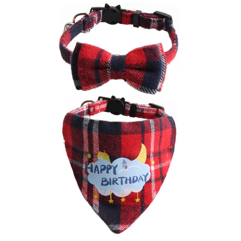 Plaid Birthday Triangle Towel Cotton Pet Saliva Bib Bow Collar