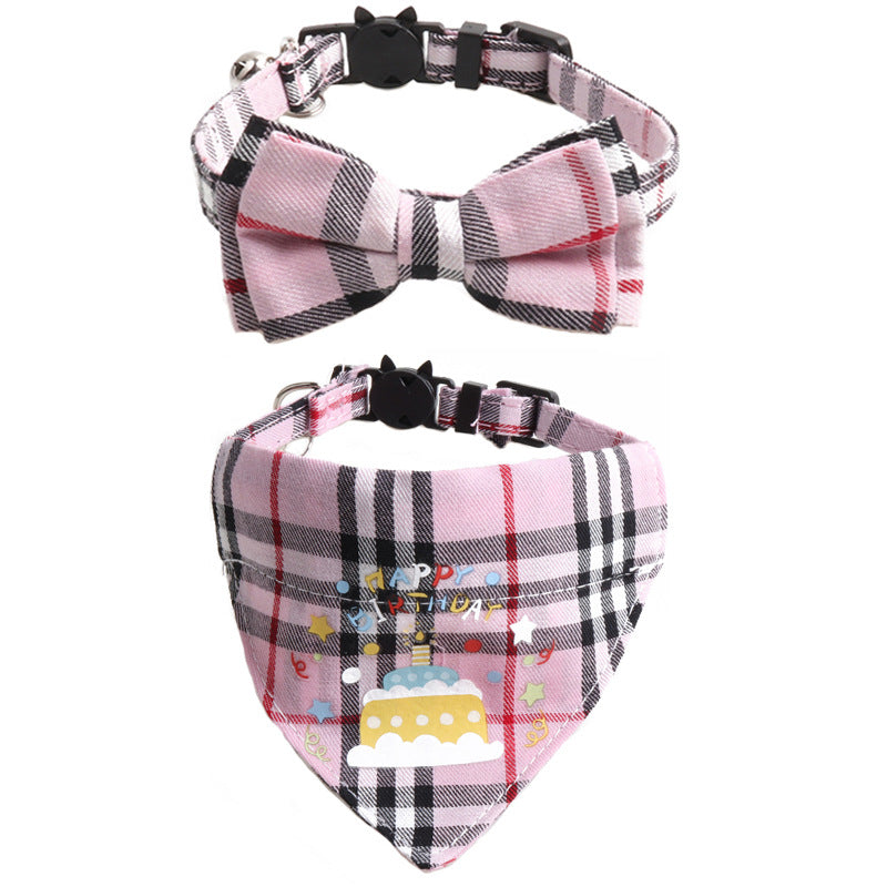 Plaid Pattern Birthday Triangle Towel Saliva Pet Bib Bow Collar