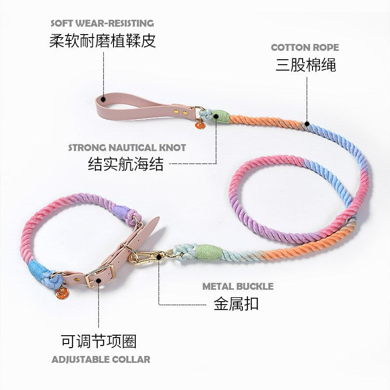 Hand Woven Colored Cotton Rope Large Dog Collar Anti-Pull Leash Set