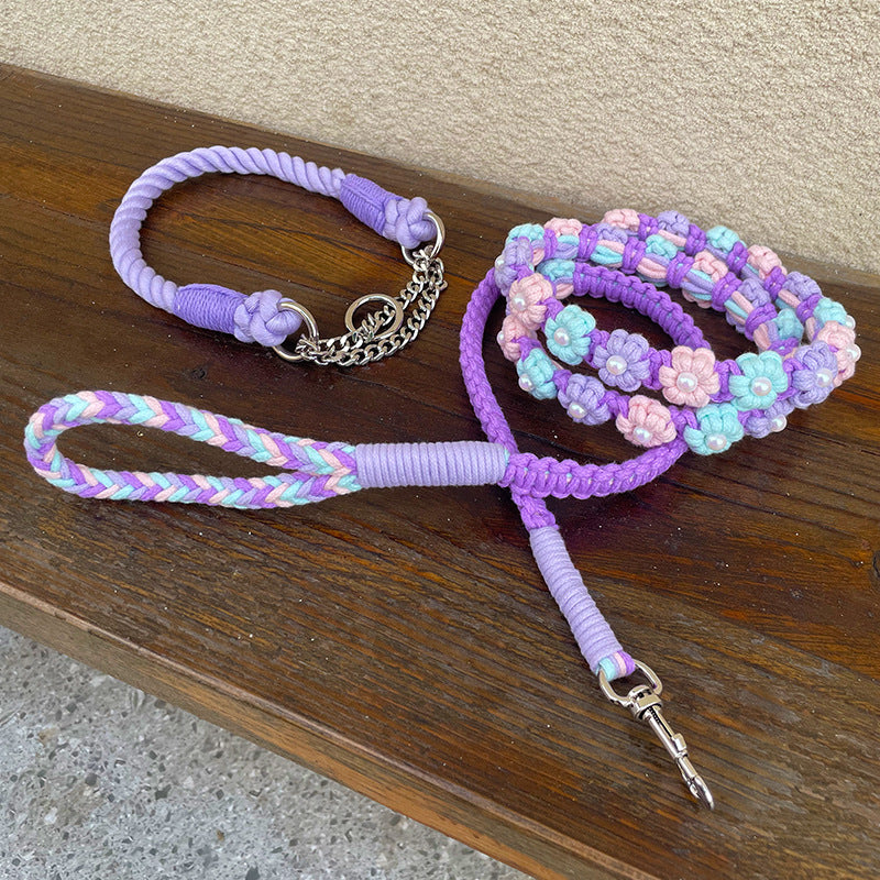 Hand Woven Flower Rope Dog Leash P-Type Metal Chain Collar Set