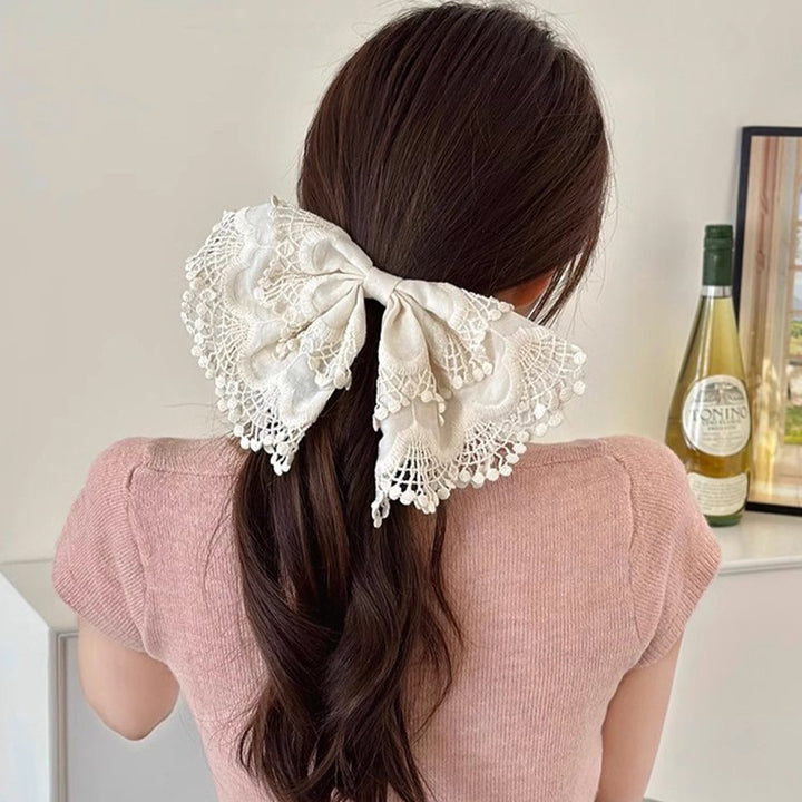 White Embroidered Bow Spring Hair Clip Hair Accessories Wholesale