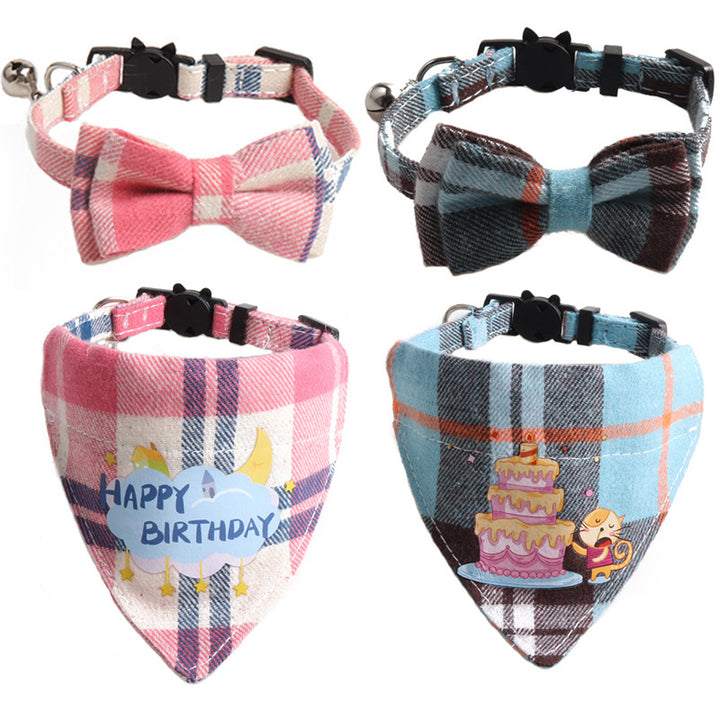 Plaid Birthday Triangle Towel Cotton Pet Saliva Bib Bow Collar