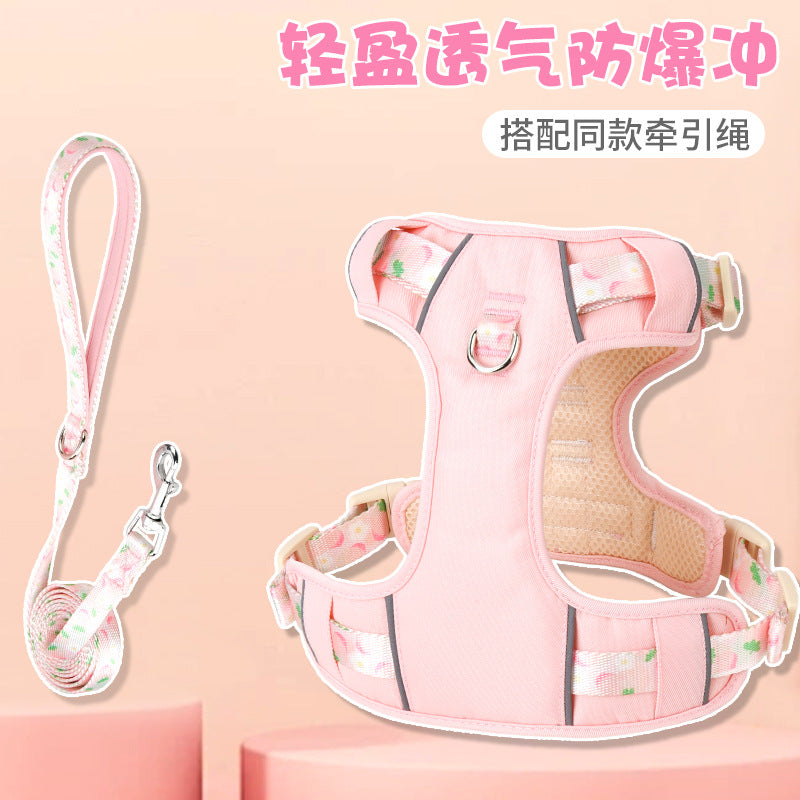 Printed Strap Breathable Reflective Pet Dog Harness Leash Set