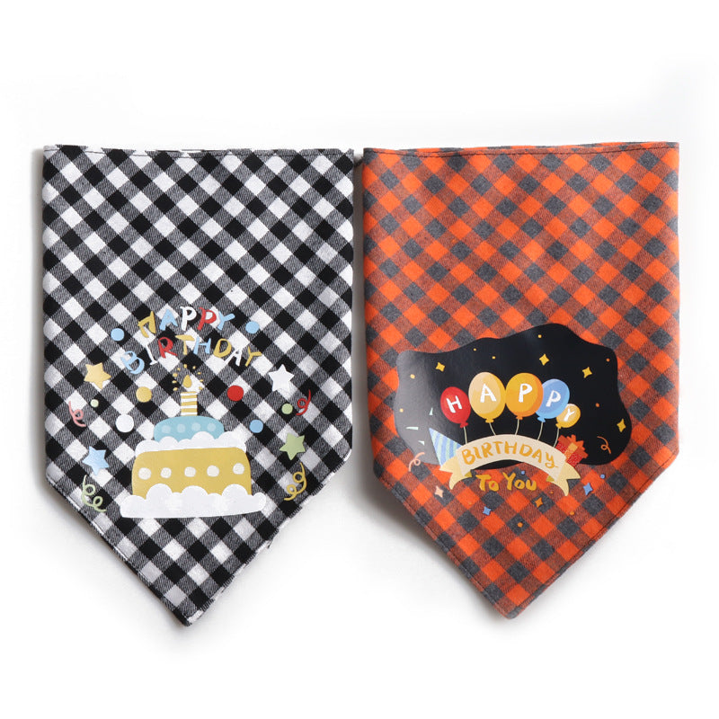Plaid Pattern Birthday Double Side Triangle Towel Saliva Pet Bib