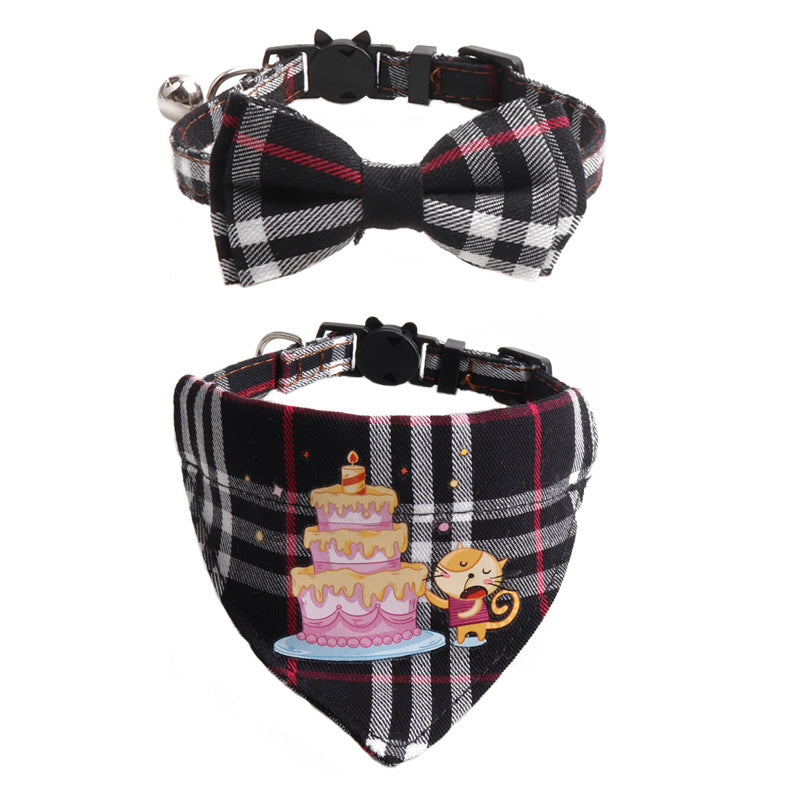 Plaid Pattern Birthday Triangle Towel Saliva Pet Bib Bow Collar