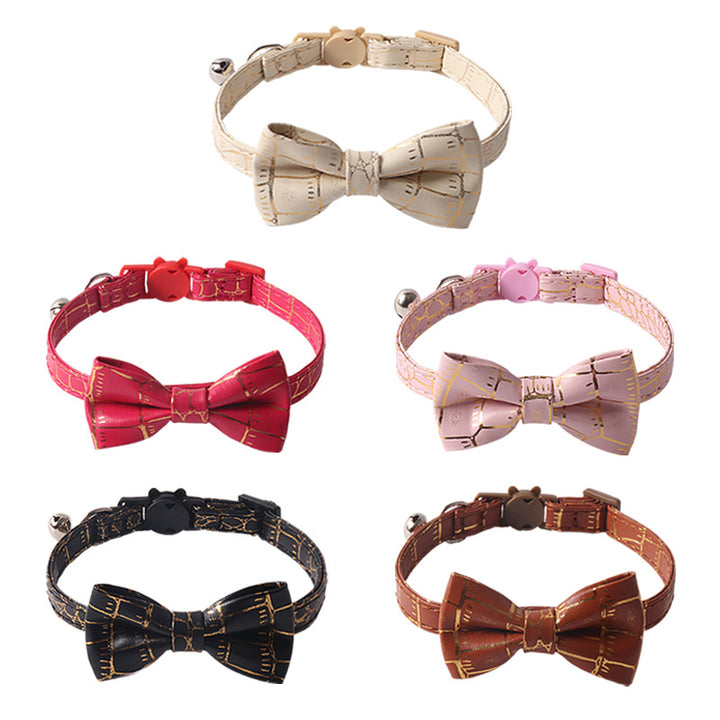 Hot Stamping Gold Soft PU Leather Bow Pet Cat Collar with Bell