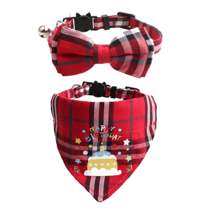 Plaid Pattern Birthday Triangle Towel Saliva Pet Bib Bow Collar