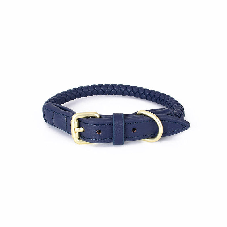 Soft Woven Leather Gold Metal Dog Anti-Pull Leash Pet Collar Set