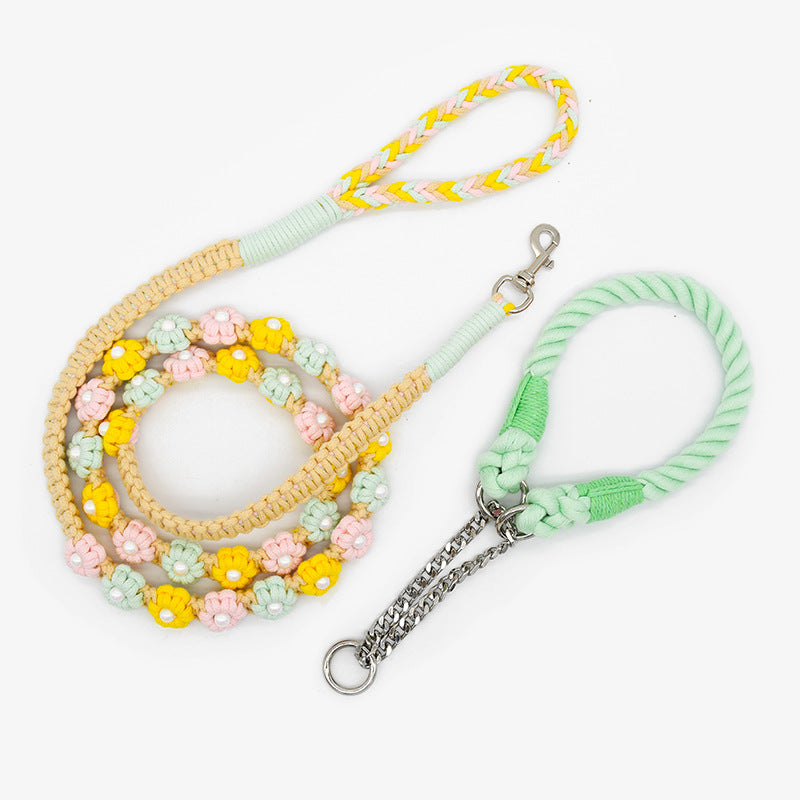 Hand Woven Flower Rope Dog Leash P-Type Metal Chain Collar Set
