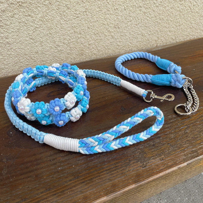 Hand Woven Flower Rope Dog Leash P-Type Metal Chain Collar Set