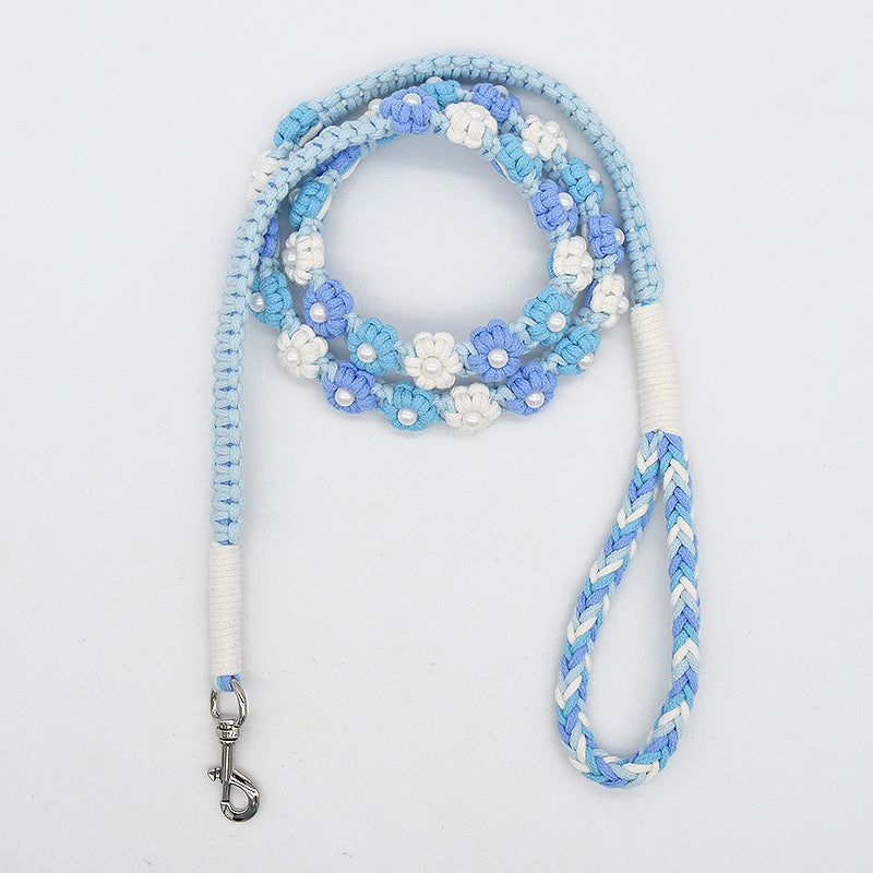 Hand Woven Flower Rope Dog Leash P-Type Metal Chain Collar Set