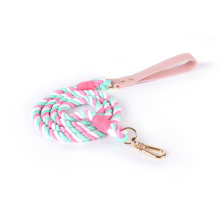 Hand Woven Colored Cotton Rope Large Dog Collar Anti-Pull Leash Set