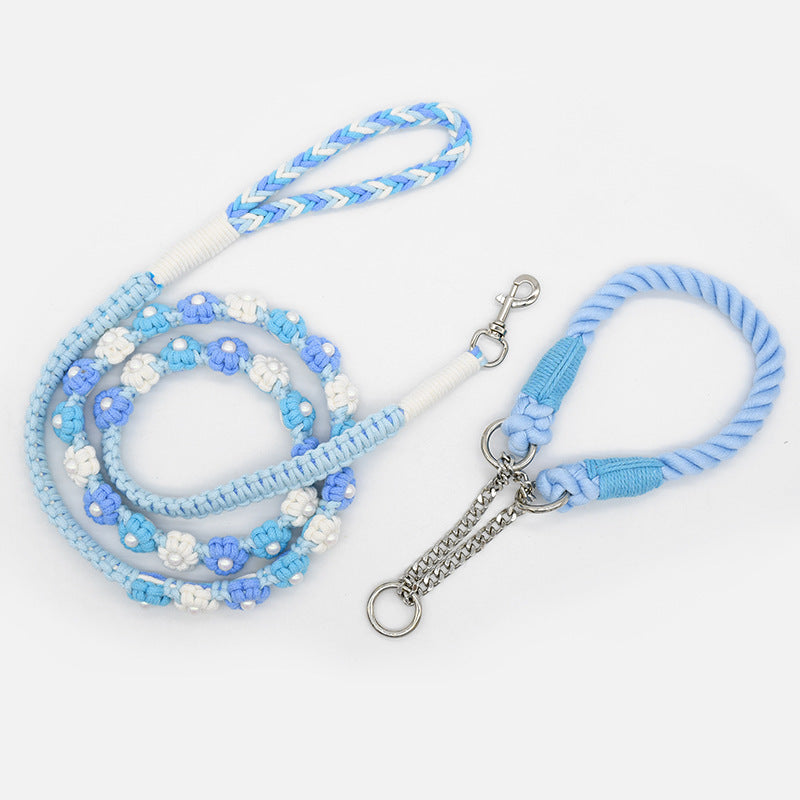 Hand Woven Flower Rope Dog Leash P-Type Metal Chain Collar Set
