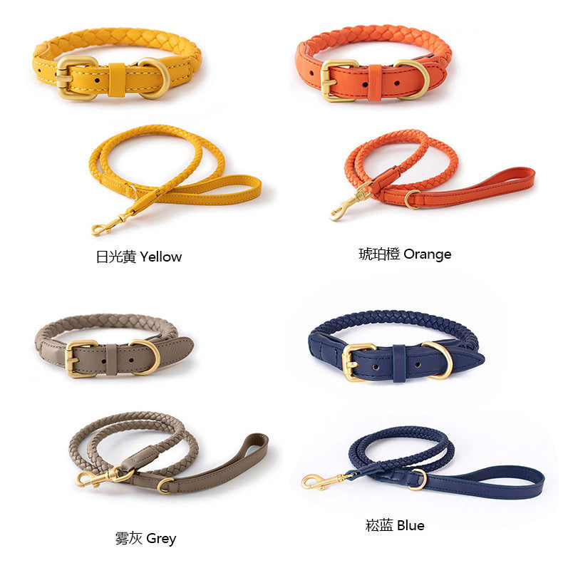 Soft Woven Leather Gold Metal Dog Anti-Pull Leash Pet Collar Set