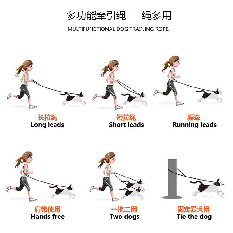 Woven Cotton Rope Multi-functional Pet Double Leash Waist Runing Leash