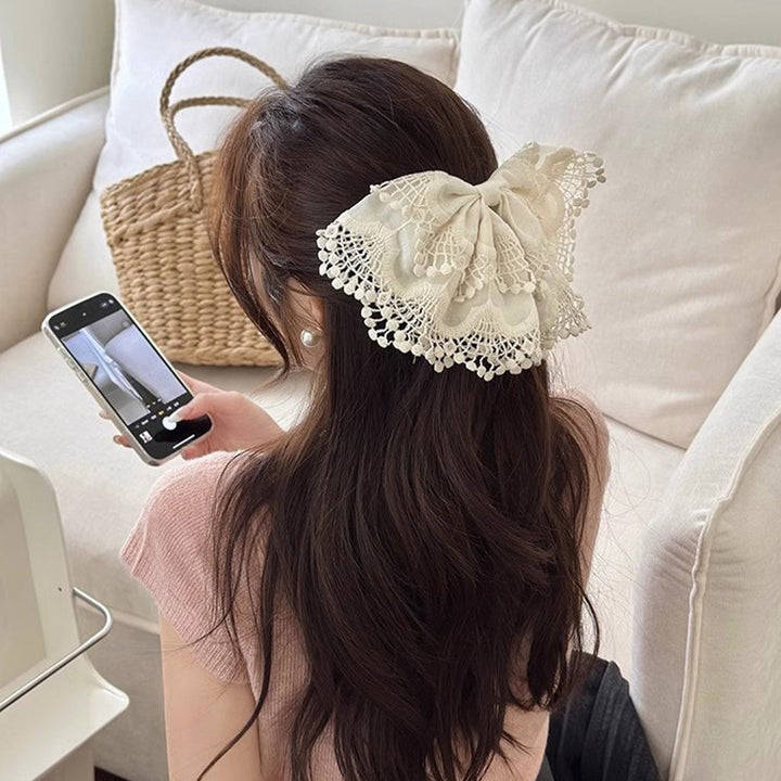 White Embroidered Bow Spring Hair Clip Hair Accessories Wholesale