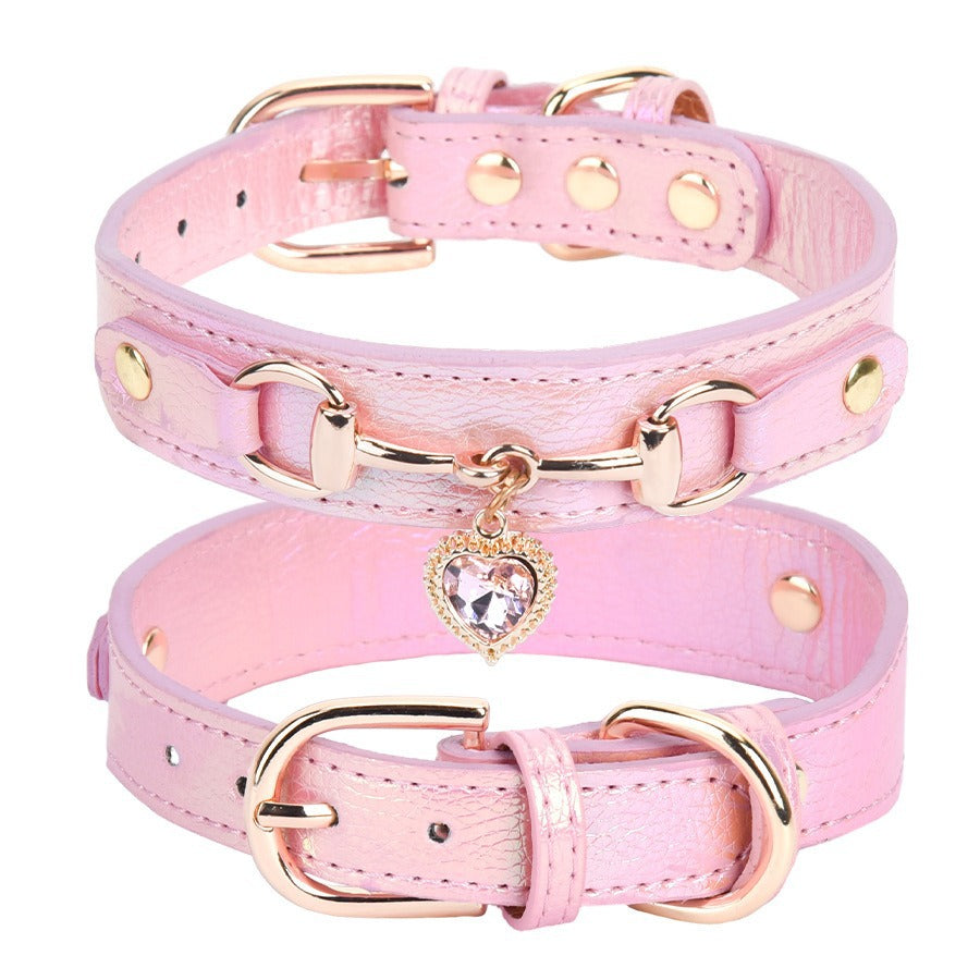 Heart Rhinestone Alloy Pendant Leather Adjustable Pet Dog Collar