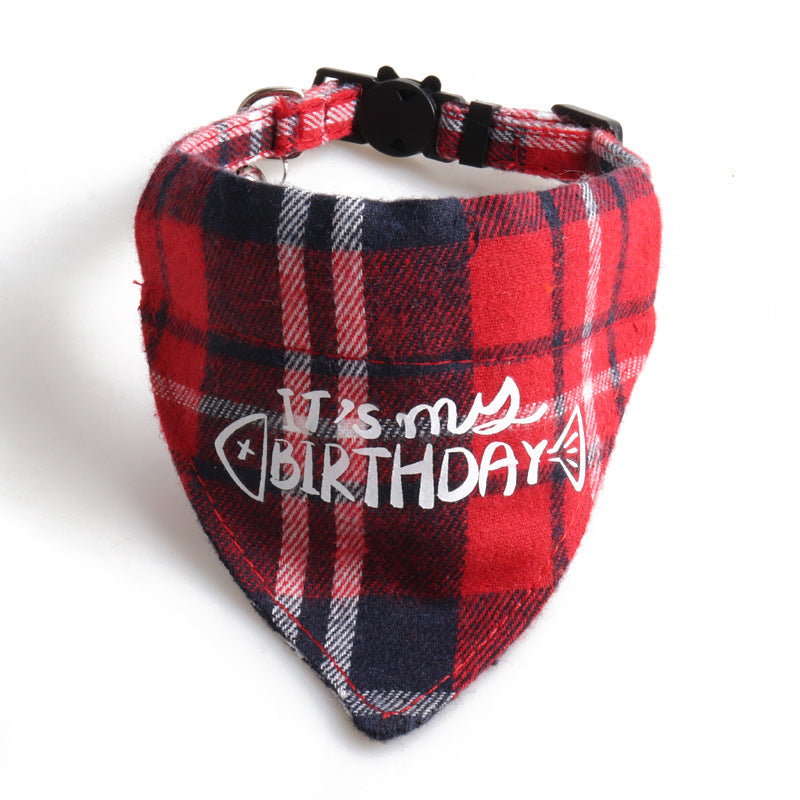 Plaid Birthday Triangle Towel Cotton Pet Saliva Bib Bow Collar
