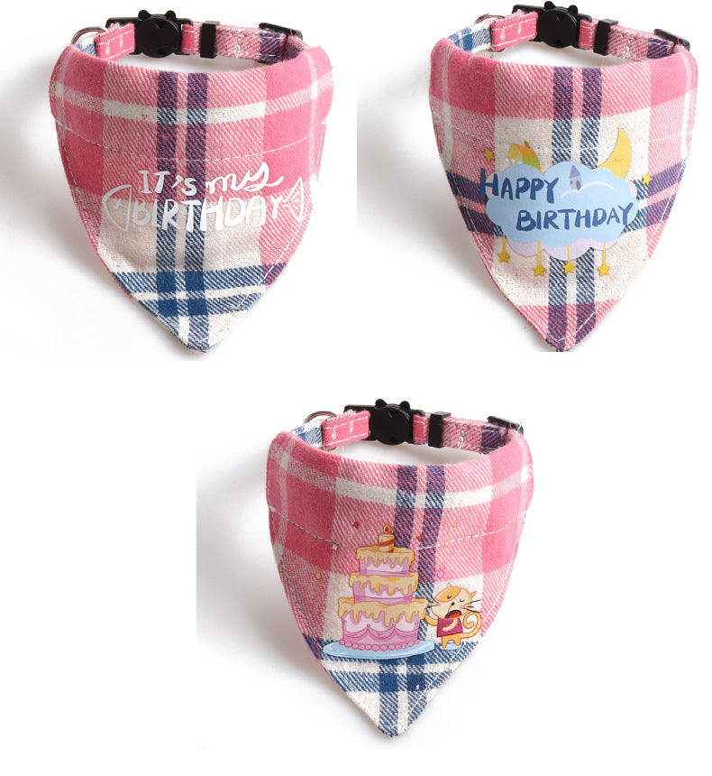Plaid Birthday Triangle Towel Cotton Pet Saliva Bib Bow Collar