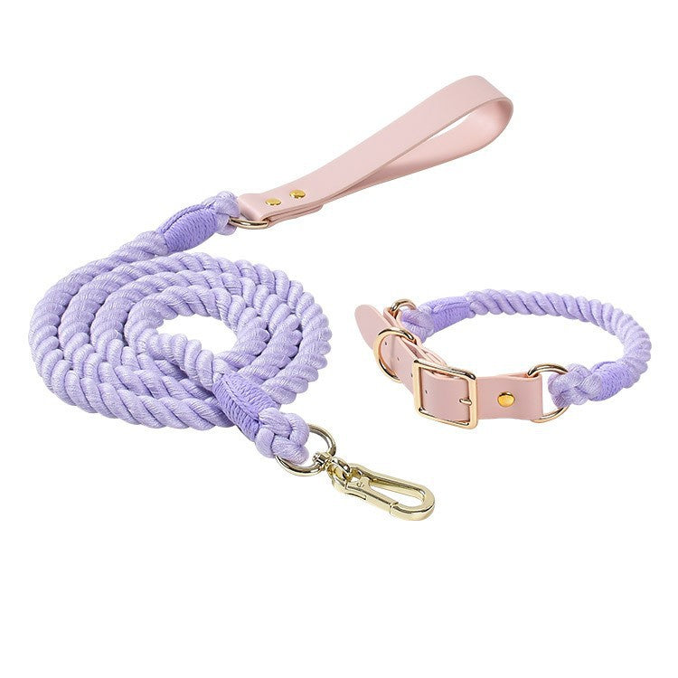 Hand Woven Colored Cotton Rope Large Dog Collar Anti-Pull Leash Set