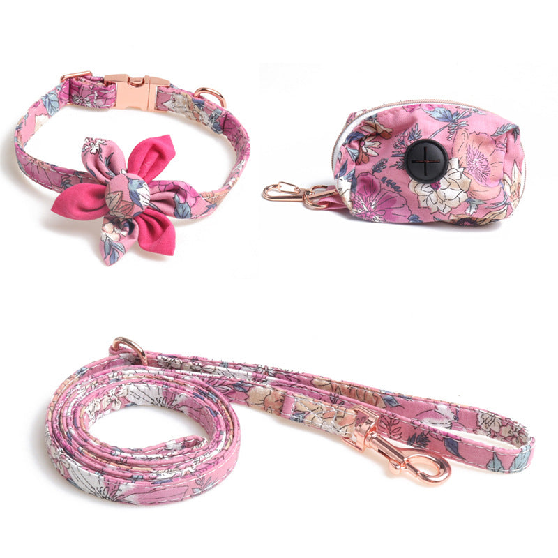 Floral Sunflower Pet Cat Dog Collar Leash Poop Bag Carrier Set