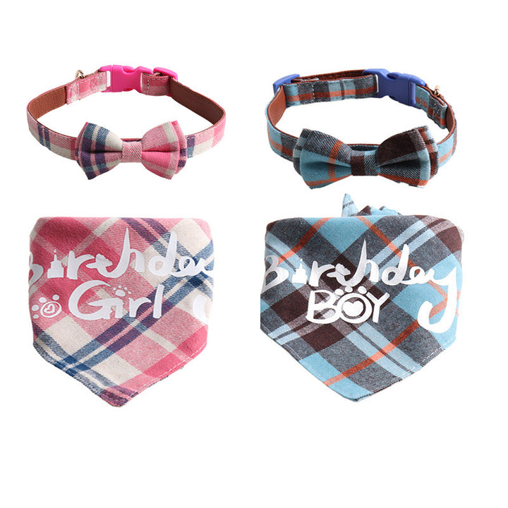 Plaid Pattern Birthday Triangle Towel Saliva Bib Bow Pet Collar