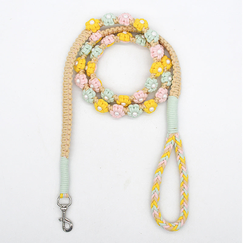 Hand Woven Flower Rope Dog Leash P-Type Metal Chain Collar Set