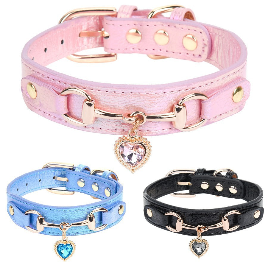 Heart Rhinestone Alloy Pendant Leather Adjustable Pet Dog Collar