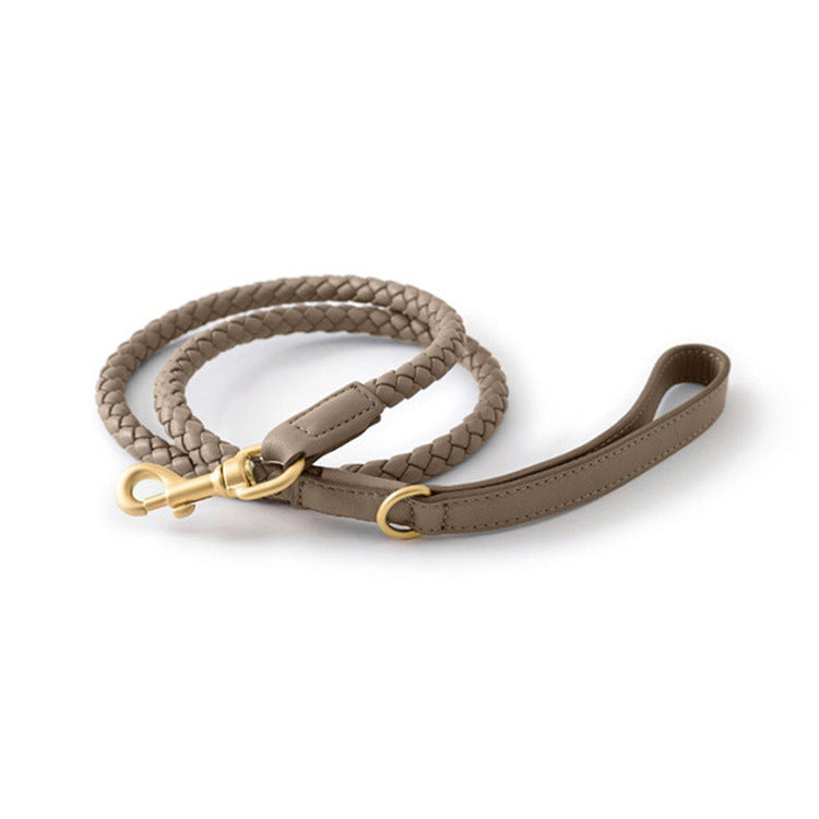 Soft Woven Leather Gold Metal Dog Anti-Pull Leash Pet Collar Set