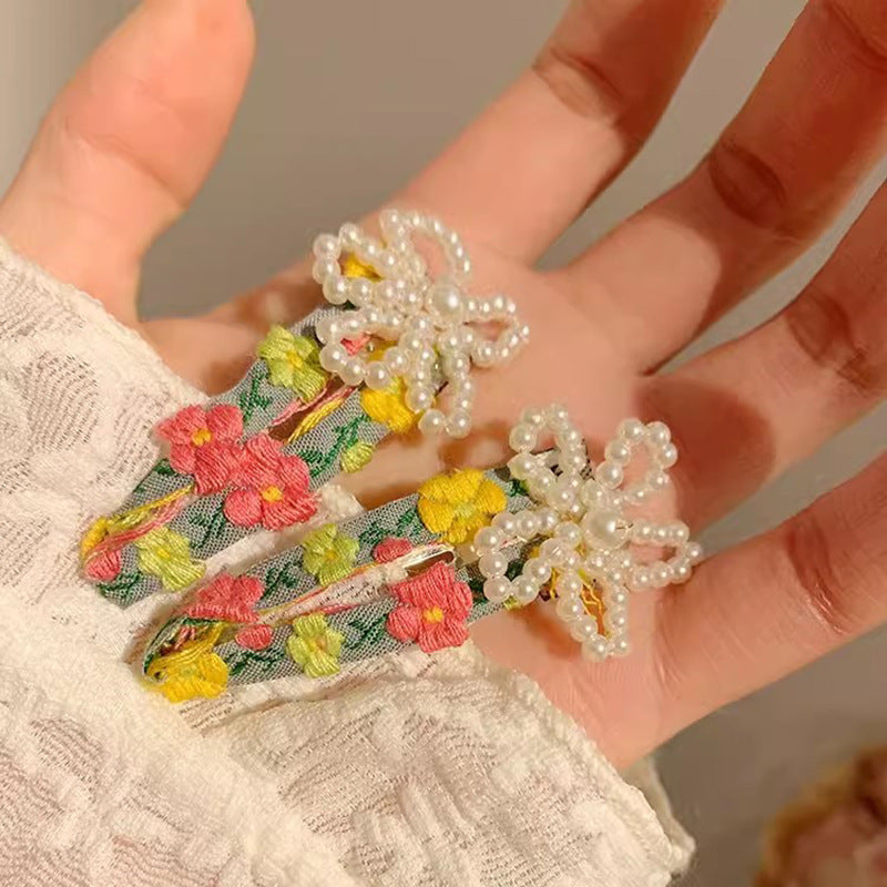 Pearl Beaded Flower Embroidery Fabric Hair Clip Hair Accessories Wholesale