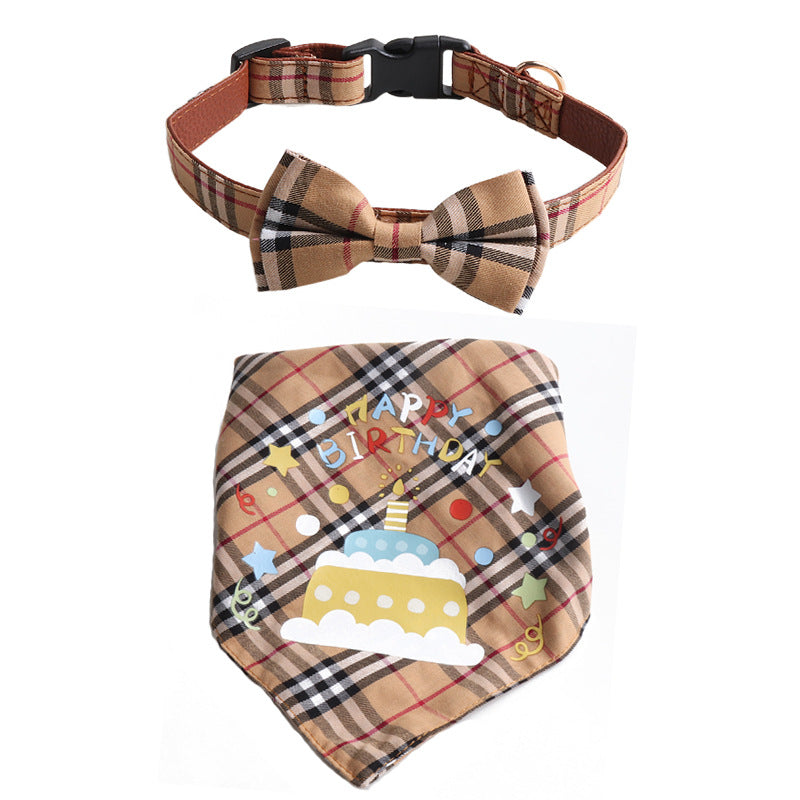 Plaid Pattern Birthday Triangle Towel Saliva Bib Bow Pet Collar