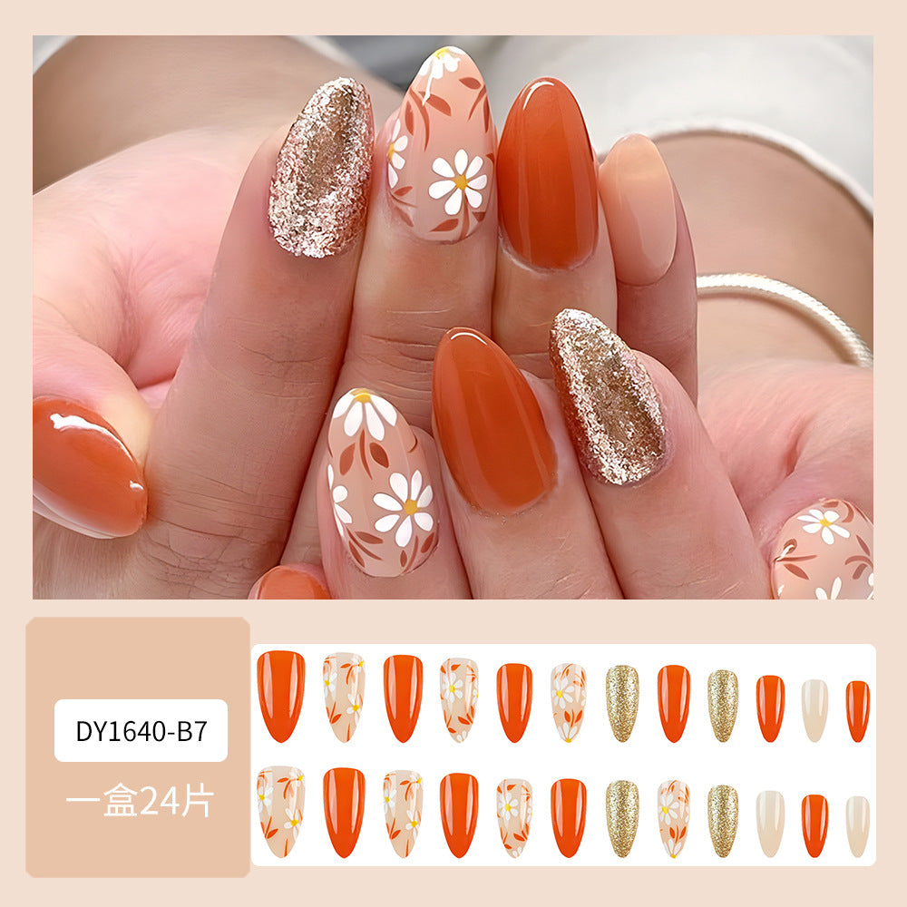 Gold Glitter Daisy Orange Water Drop Wear Nails Press on Nails 24pcs Wholesale