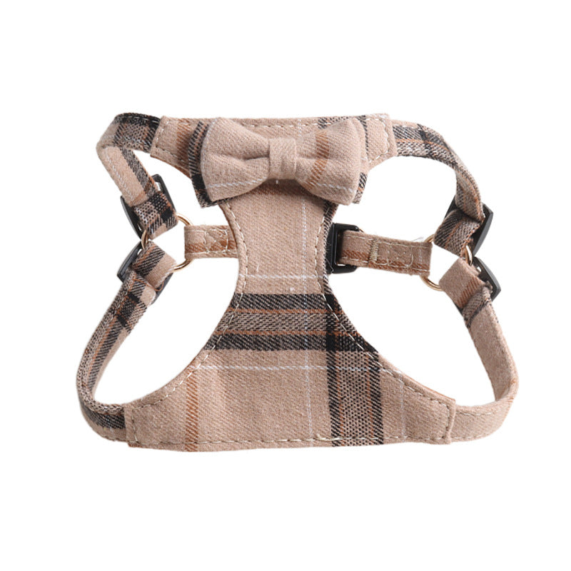 Classic Plaid Bow Suede Nap Pet Dog No Choking Harness Leash Set