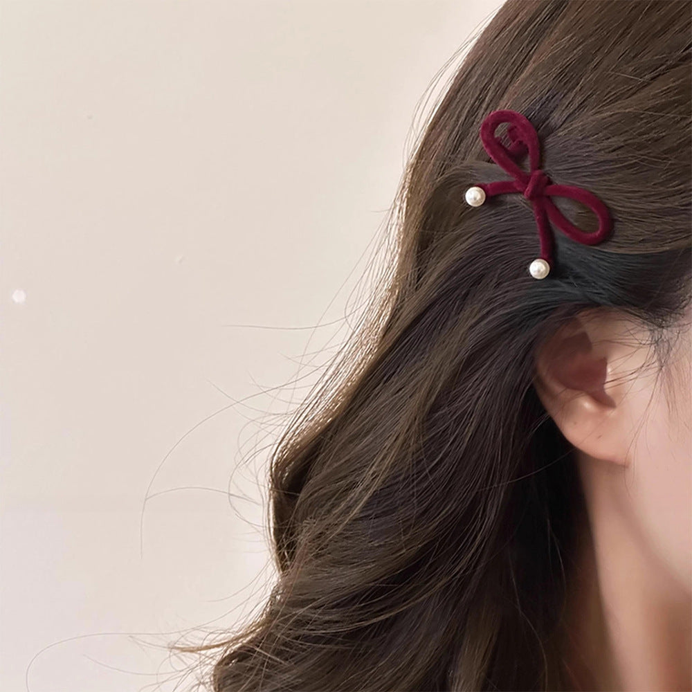 Christmas Red Flocking Bow Bangs Hair Clip Hair Accessories Wholesale