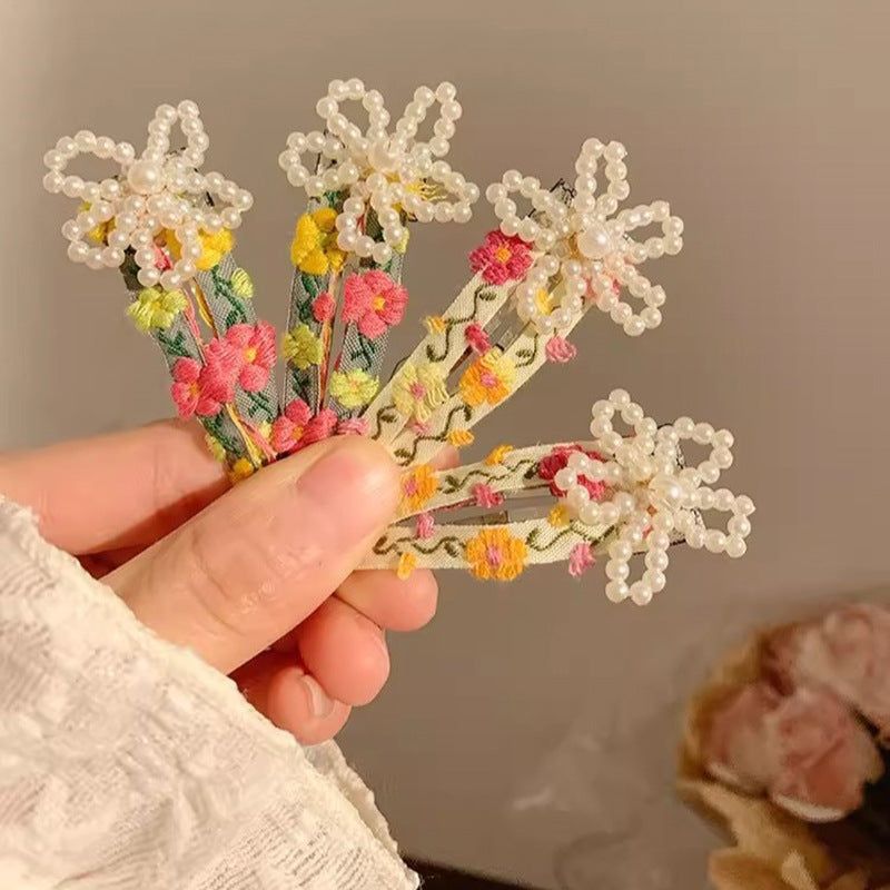 Pearl Beaded Flower Embroidery Fabric Hair Clip Hair Accessories Wholesale