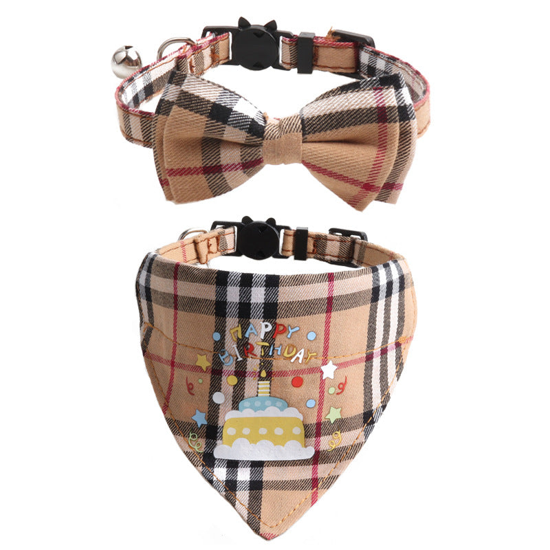 Plaid Pattern Birthday Triangle Towel Saliva Pet Bib Bow Collar