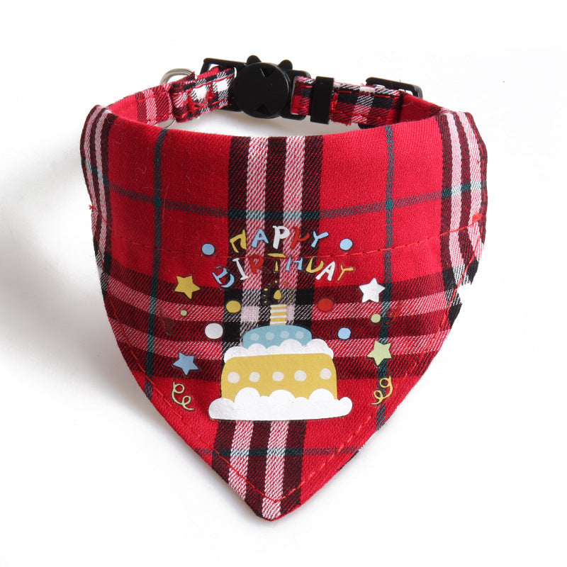 Plaid Pattern Birthday Triangle Towel Saliva Pet Bib Bow Collar
