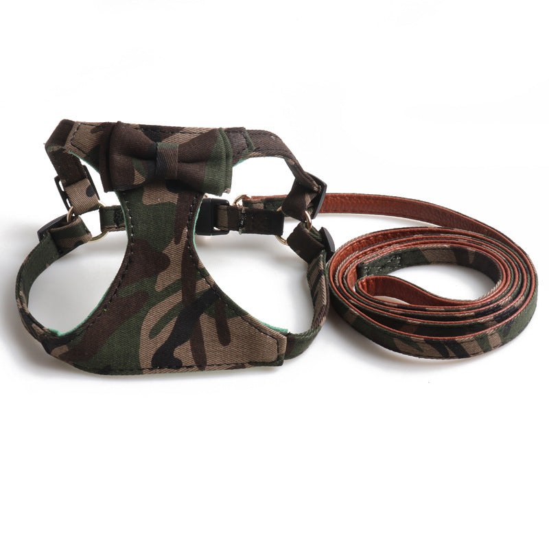 Camouflage Bow Fabric Leather Pet Dog No Choking Harness Leash Set