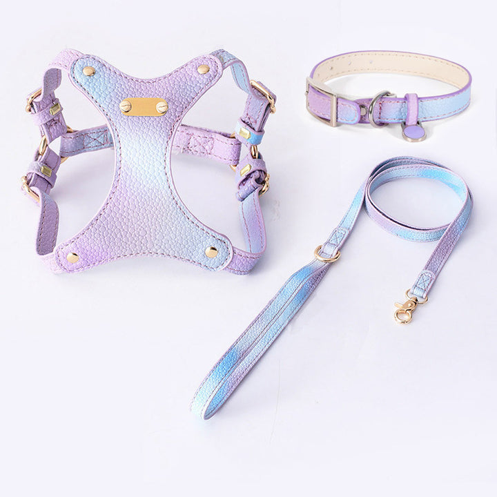 Gradient Waterproof Soft Leather No Choking Pet Harness Leash Collar