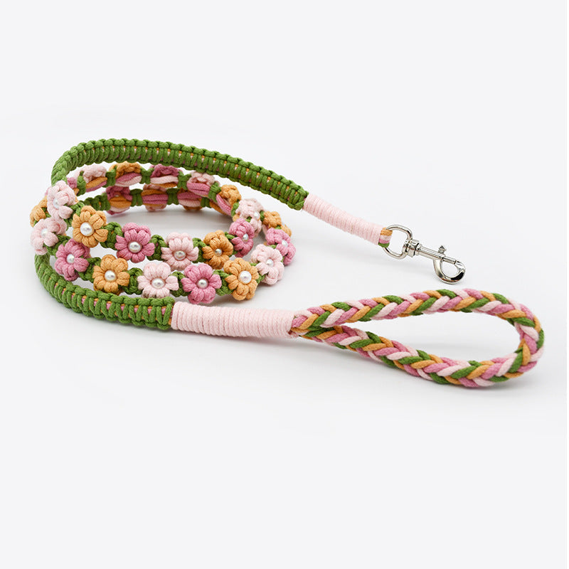 Hand Woven Flower Rope Dog Leash P-Type Metal Chain Collar Set