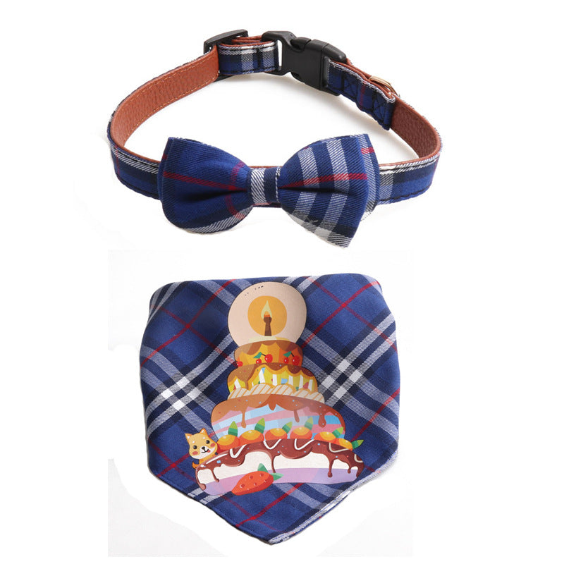 Plaid Pattern Birthday Triangle Towel Saliva Bib Bow Pet Collar