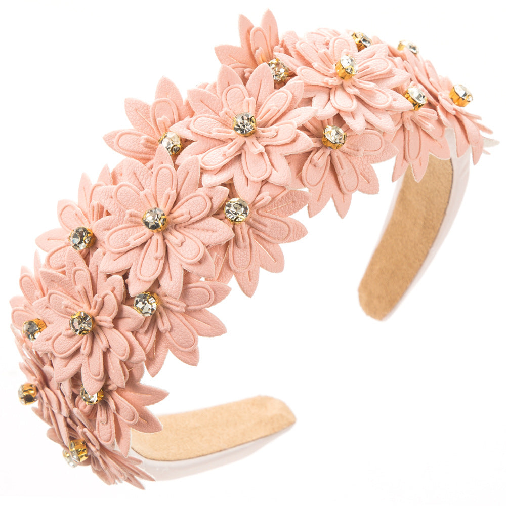 Leather Flower Sponge Headband Solid Color Hair Accessories Wholesale